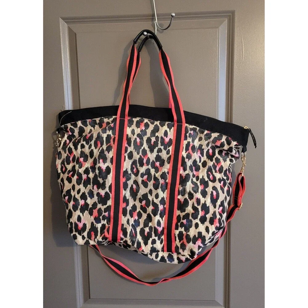 Victoria’s Secret Travel Bag Duffle Beach Tote Cotton Black Pink Leopard Print